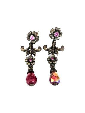 Avon Victorian Design Floral Dangle Drop Pink Glass Pierced Earrings